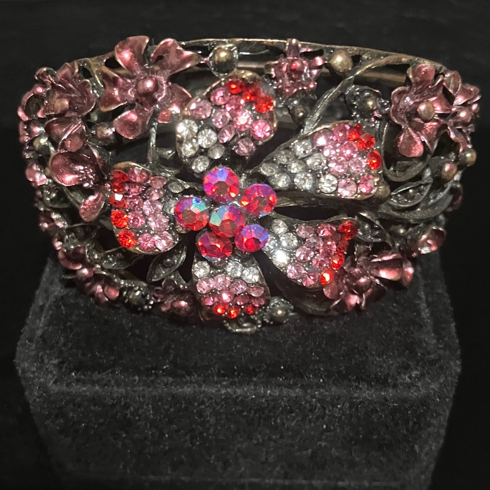 Vintage red and Pink Crystal Floral Cuff Bracelet - Women Jewelry